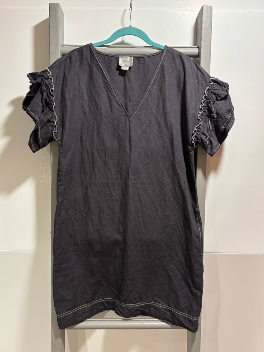 Maeve small gray Tunic/shift dress, Ruffles, lightweight, cotton linen, bohemian